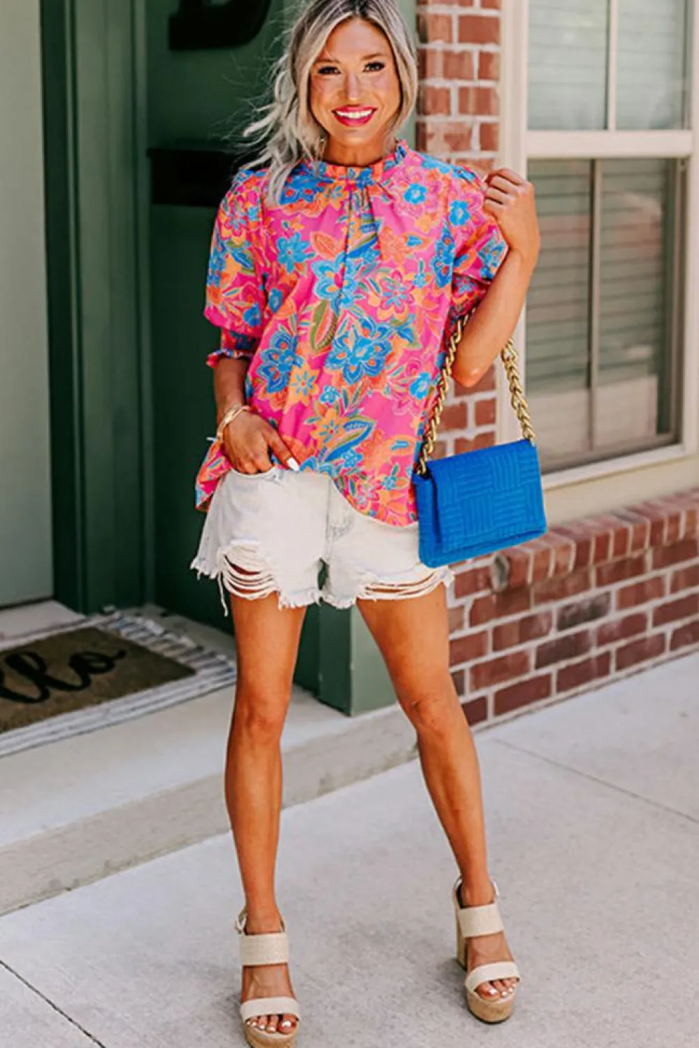 Best Dear-Lover Frilly Mock Neck Short Puff Sleeve Floral Blouse Rose