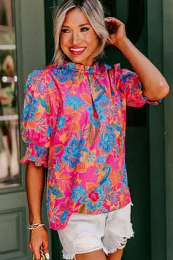 Best Dear-Lover Frilly Mock Neck Short Puff Sleeve Floral Blouse Rose
