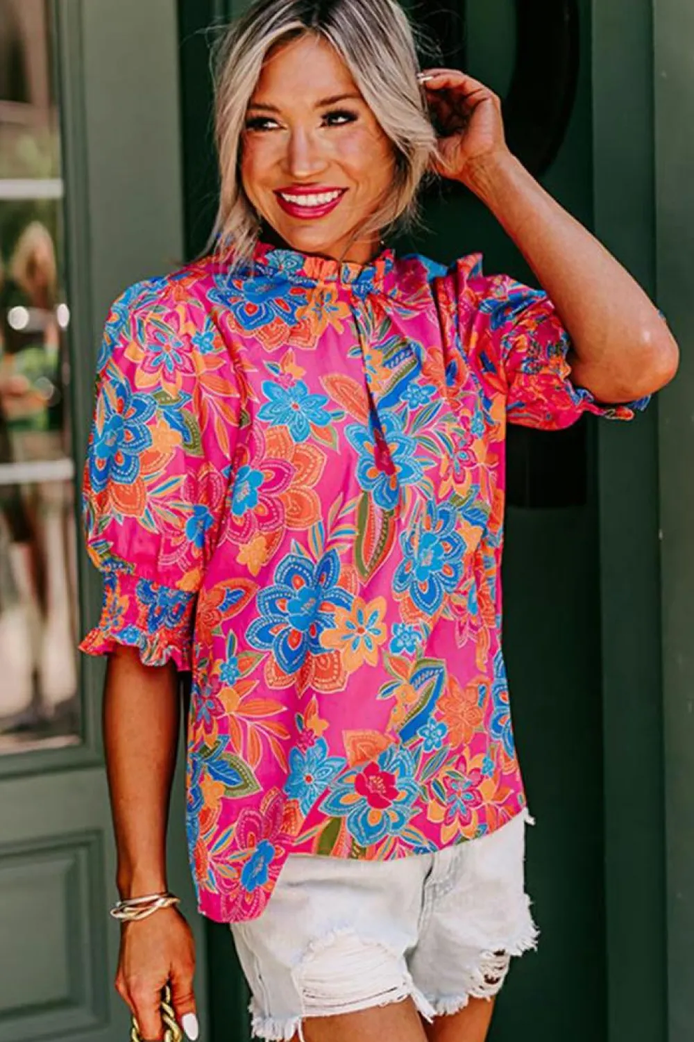 Best Dear-Lover Frilly Mock Neck Short Puff Sleeve Floral Blouse Rose