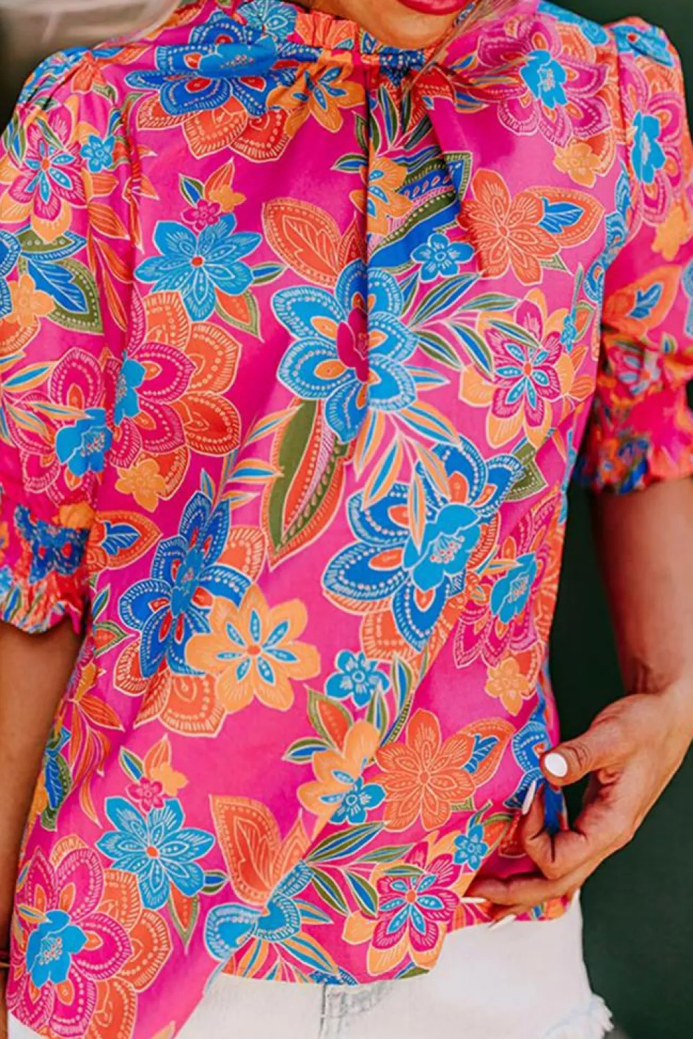 Best Dear-Lover Frilly Mock Neck Short Puff Sleeve Floral Blouse Rose