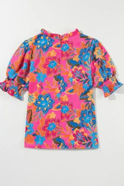 Best Dear-Lover Frilly Mock Neck Short Puff Sleeve Floral Blouse Rose