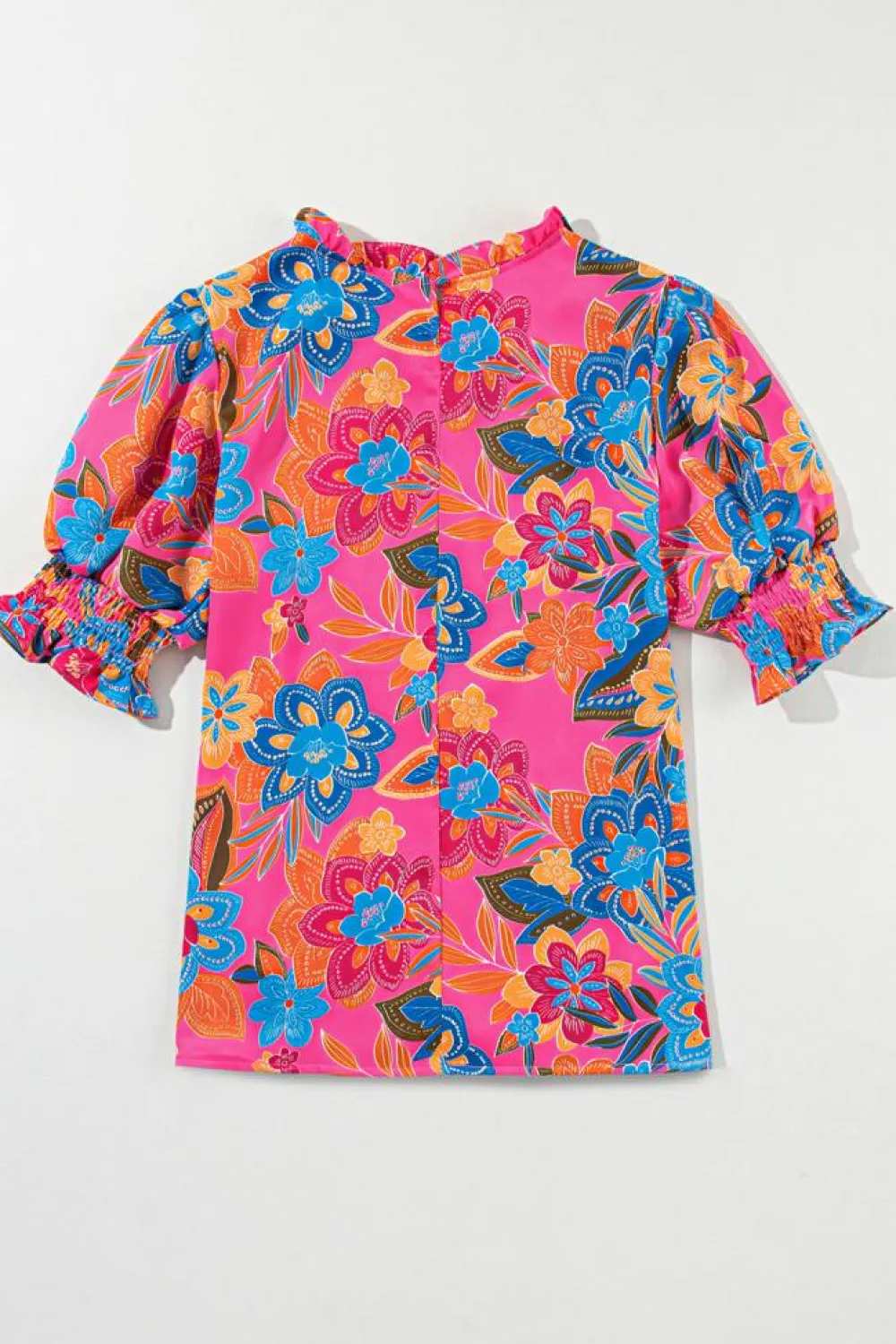 Best Dear-Lover Frilly Mock Neck Short Puff Sleeve Floral Blouse Rose