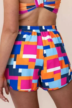 Online Dear-Lover Geometric Printed Drawstring Waist Beach Shorts with Pockets Rose