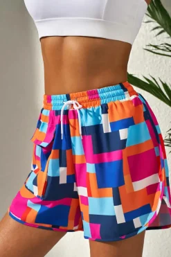 Online Dear-Lover Geometric Printed Drawstring Waist Beach Shorts with Pockets Rose