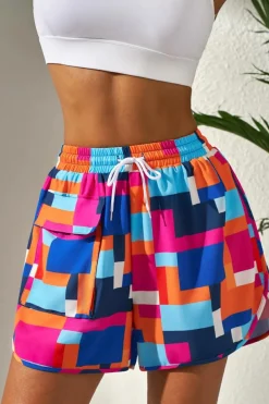 Online Dear-Lover Geometric Printed Drawstring Waist Beach Shorts with Pockets Rose