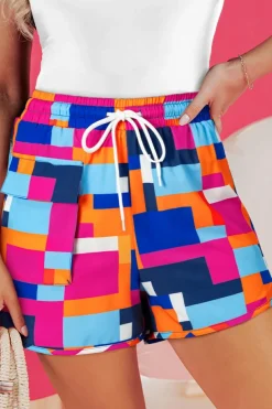 Online Dear-Lover Geometric Printed Drawstring Waist Beach Shorts with Pockets Rose