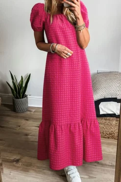 New Dear-Lover Ginham Check Bubble Sleeve Ruffled Maxi Dress Rose