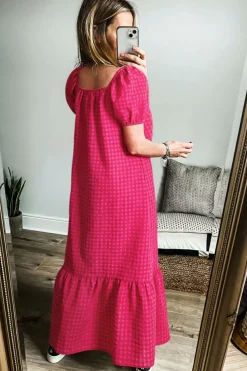 New Dear-Lover Ginham Check Bubble Sleeve Ruffled Maxi Dress Rose