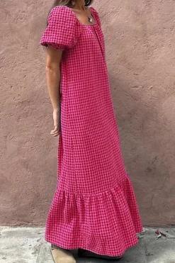 New Dear-Lover Ginham Check Bubble Sleeve Ruffled Maxi Dress Rose