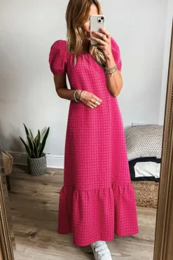 New Dear-Lover Ginham Check Bubble Sleeve Ruffled Maxi Dress Rose
