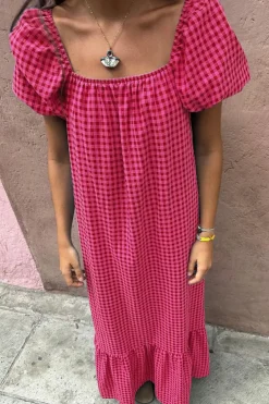 New Dear-Lover Ginham Check Bubble Sleeve Ruffled Maxi Dress Rose