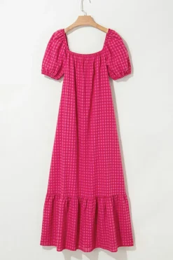 New Dear-Lover Ginham Check Bubble Sleeve Ruffled Maxi Dress Rose