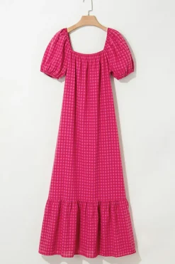 New Dear-Lover Ginham Check Bubble Sleeve Ruffled Maxi Dress Rose