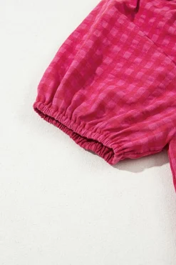 New Dear-Lover Ginham Check Bubble Sleeve Ruffled Maxi Dress Rose