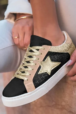 New Dear-Lover Glitter Star Patchwork PU Leather Lace-up Sneakers Rose Gold