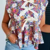 Best Dear-Lover Green Floral Print Bow Applique Slit Sleeveless Peplum Blouse Rose