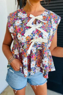 Best Dear-Lover Green Floral Print Bow Applique Slit Sleeveless Peplum Blouse Rose