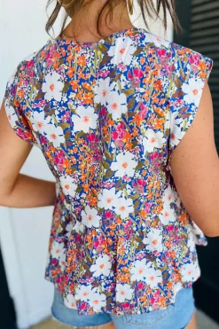 Best Dear-Lover Green Floral Print Bow Applique Slit Sleeveless Peplum Blouse Rose