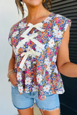 Best Dear-Lover Green Floral Print Bow Applique Slit Sleeveless Peplum Blouse Rose