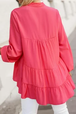 Online Dear-Lover Half Buttoned Ruffle Tiered Long Sleeve Blouse Rose