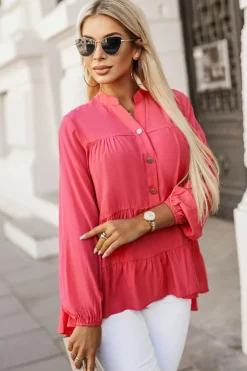 Online Dear-Lover Half Buttoned Ruffle Tiered Long Sleeve Blouse Rose