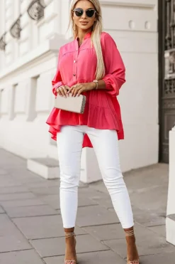 Online Dear-Lover Half Buttoned Ruffle Tiered Long Sleeve Blouse Rose