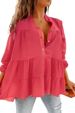 Online Dear-Lover Half Buttoned Ruffle Tiered Long Sleeve Blouse Rose