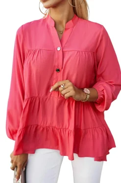 Online Dear-Lover Half Buttoned Ruffle Tiered Long Sleeve Blouse Rose