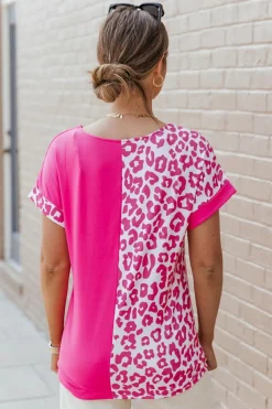 Online Dear-Lover Half Leopard Patchwork Short Sleeves Top Rose