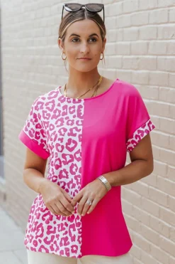 Online Dear-Lover Half Leopard Patchwork Short Sleeves Top Rose
