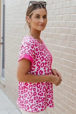 Online Dear-Lover Half Leopard Patchwork Short Sleeves Top Rose