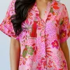 Clearance Dear-Lover Jungle Floral Print Notch V Neck Blouse Rose