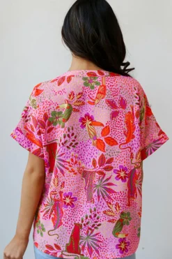 Clearance Dear-Lover Jungle Floral Print Notch V Neck Blouse Rose