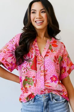 Clearance Dear-Lover Jungle Floral Print Notch V Neck Blouse Rose