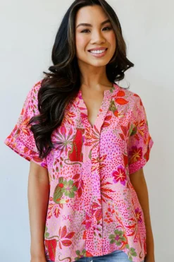 Clearance Dear-Lover Jungle Floral Print Notch V Neck Blouse Rose