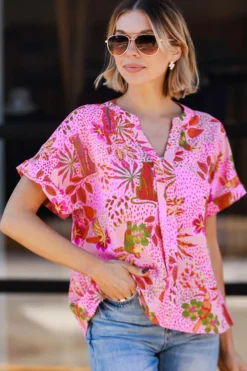 Clearance Dear-Lover Jungle Floral Print Notch V Neck Blouse Rose