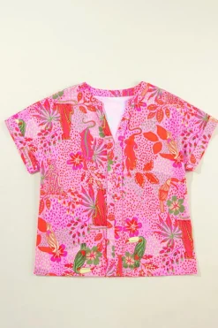 Clearance Dear-Lover Jungle Floral Print Notch V Neck Blouse Rose