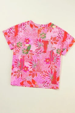 Clearance Dear-Lover Jungle Floral Print Notch V Neck Blouse Rose