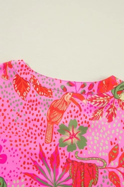 Clearance Dear-Lover Jungle Floral Print Notch V Neck Blouse Rose