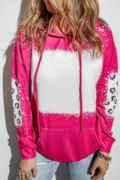 Online Dear-Lover Leopard Bleached Hoodie with Pocket Rose