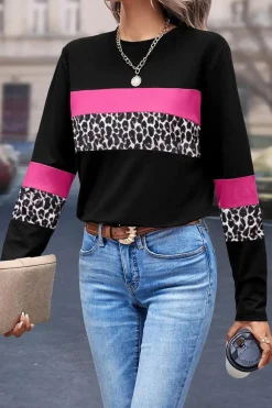 Outlet Dear-Lover Leopard Colorblock Patchwork Crew Neck Long Sleeve Tee Rose