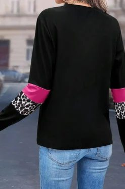Outlet Dear-Lover Leopard Colorblock Patchwork Crew Neck Long Sleeve Tee Rose