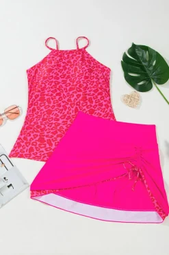 Online Dear-Lover Leopard Drawstring Side Tankini 2pcs Swimsuit Rose