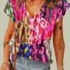 Discount Dear-Lover Leopard Flutter Sleeve V Neck Crinkled Blouse Rose