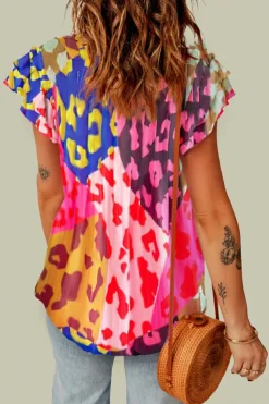 Discount Dear-Lover Leopard Flutter Sleeve V Neck Crinkled Blouse Rose