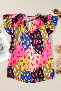 Discount Dear-Lover Leopard Flutter Sleeve V Neck Crinkled Blouse Rose