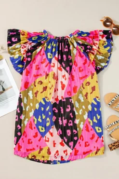 Discount Dear-Lover Leopard Flutter Sleeve V Neck Crinkled Blouse Rose
