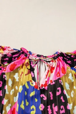 Discount Dear-Lover Leopard Flutter Sleeve V Neck Crinkled Blouse Rose