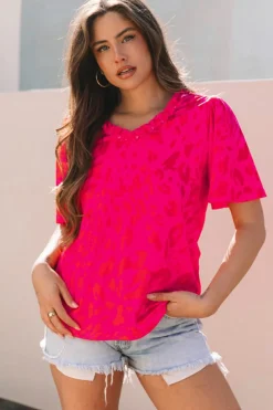 Discount Dear-Lover Leopard Frilly V Neck Short Sleeve Blouse Rose