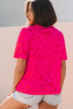 Discount Dear-Lover Leopard Frilly V Neck Short Sleeve Blouse Rose